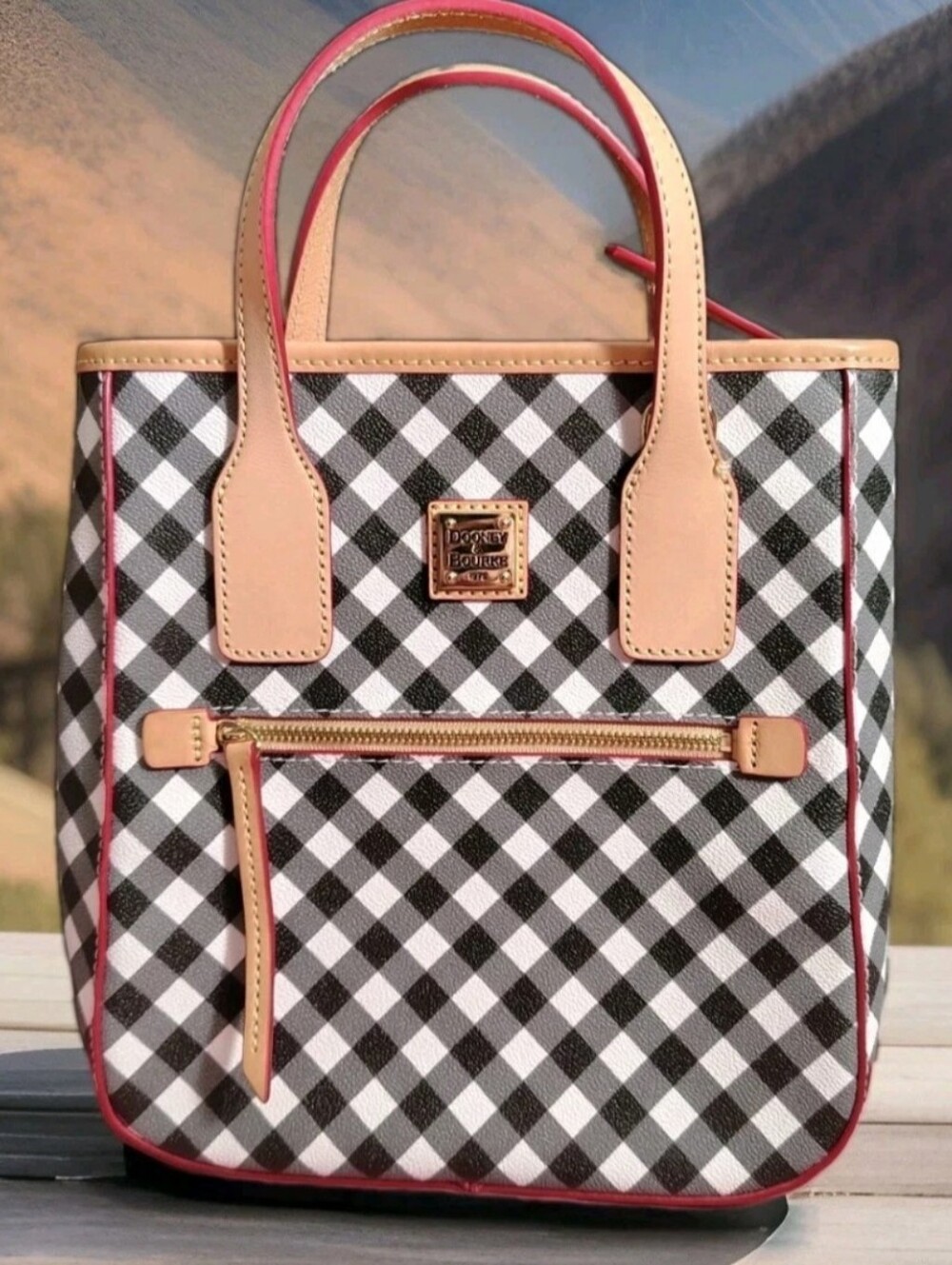 Dooney & Bourke Black & White Gingham Tote with Pink Trim Like New
